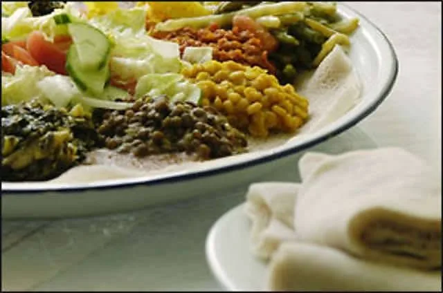 Traditional Ethiopian platter served on injera